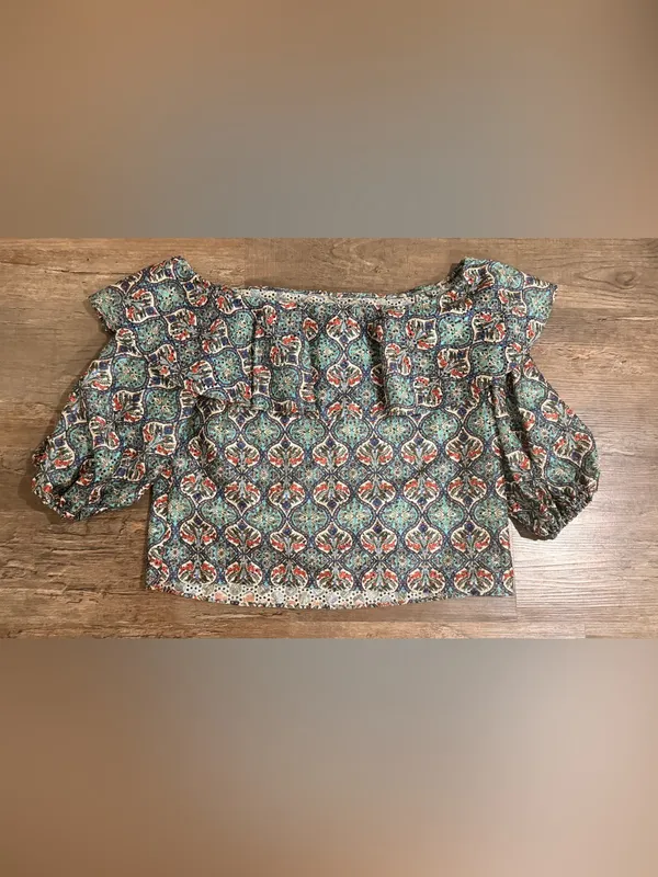 NWT Sachin & Babi Anthropologie Teal and Navy Printed Off-Shoulder Peasant Top - Image 7