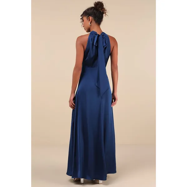 NWT Lulus Regal Loveliness Blue Satin Pleated Mock Neck Maxi Dress Bridesmaid XS - Image 3