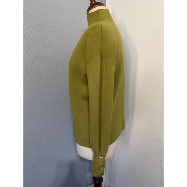 Cottagecore Mock Neck Puff Sleeve Sweater‎ Crystal Button Cuffs Olive Green Sz M - Image 5