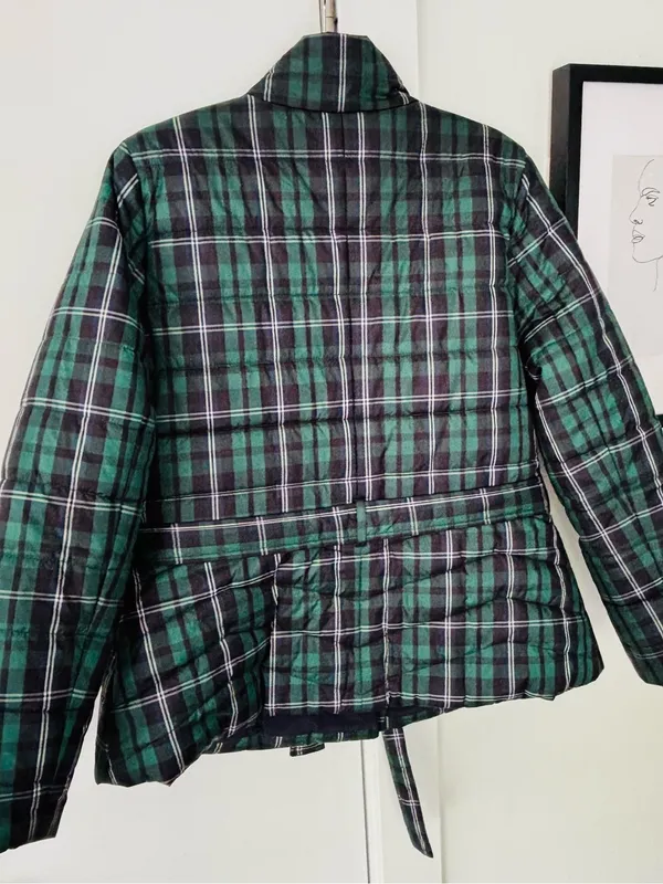 J. crew Green Tartan Plaid Belted Puffer Jacket Coat Women's size large - Image 5