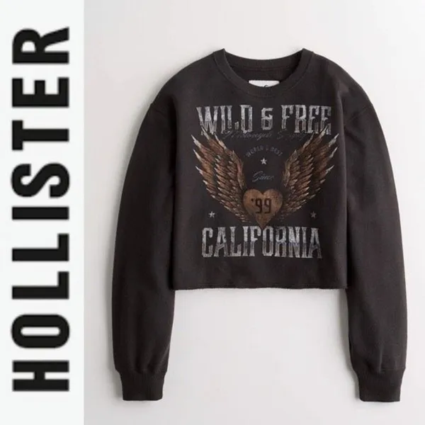 Womens Hollister Graphic Print Wild & Free Cropped Pullover Sweatshirt - Sz XS - Image 2
