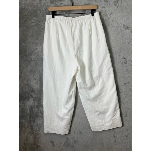 John Mark White Linen Blend Cropped Wide Leg Pants Elastic Waist‎ Button Hem MD - Image 3