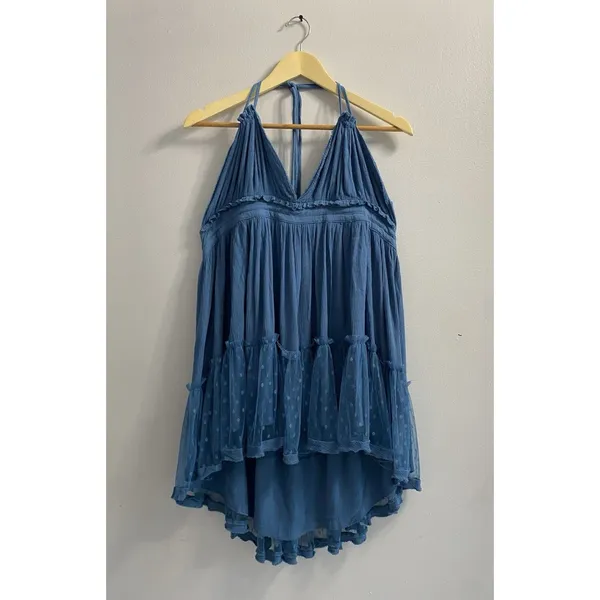 ⁠R Vivimos Blue Halter Mini Dress Size L Boho Mesh Polka Dot Tiered Babydoll - Image 3