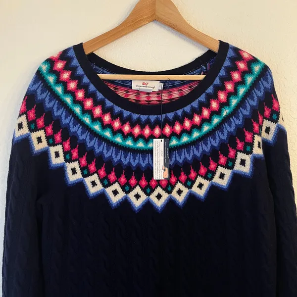 NWT Vineyard Vines‎ Fair Isle Cable Knit Sweater Dress L Lambswool Nordic Navy - Image 3