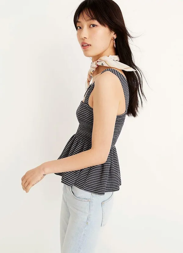 Madewell Texture & Thread Smocked Peplum Tank Top in Stripe - Image 2