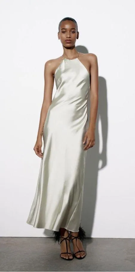 Zara midi dress satin effect slip halter maxi sage wedding party coctail - Image 12