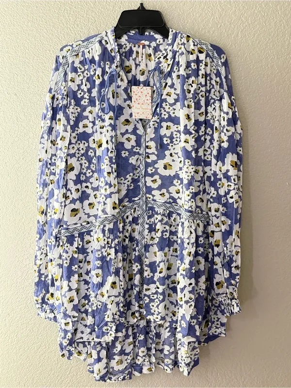 NEW Free People Blue Floral Bohemian Keyhole Long Sleeve Mini Dress Sz MEDIUM - Image 11