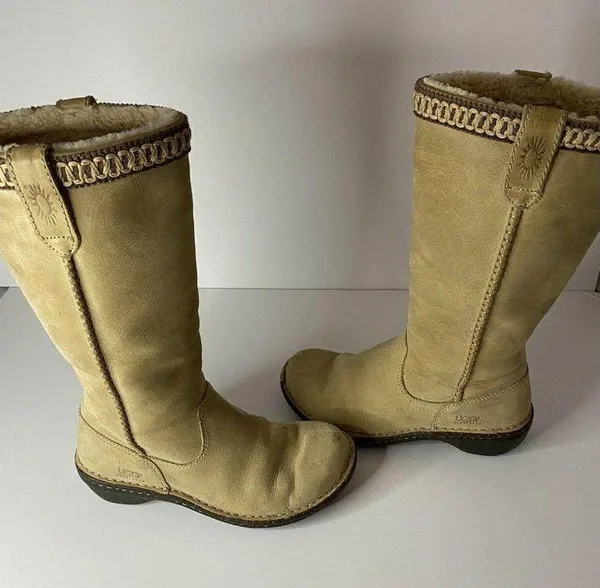 UGG Braided Size 5 Knee-High Riding Boots Suede Sheepskin Shearling Tan EUC - Image 4
