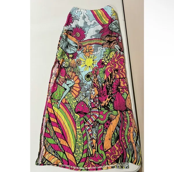 Dolls Kill Current Mood Pink Blue Green Trippy Mushroom Fairy Split-Leg Maxi Skirt Bottoms Size XXS 🍄✨ - Image 4