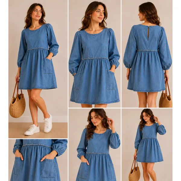 Free‎ People Denim Babydoll Mini Dress Blue Long Sleeve Pockets XS - Image 2