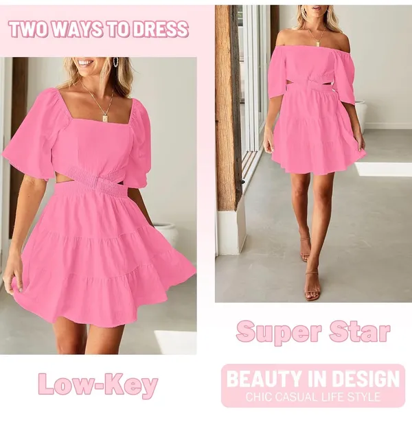 Amazon Womens Summer Dresses 2026 Short-Sleeve Square Neck Mini Dress Crossover Elastic Waist Casual Party Tiered Dress - Image 2
