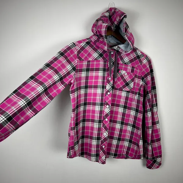 Carhartt Flannel Shirt Womens Small‎ Pink Plaid Hooded Pearl Snap Rugged Shacket - Image 6