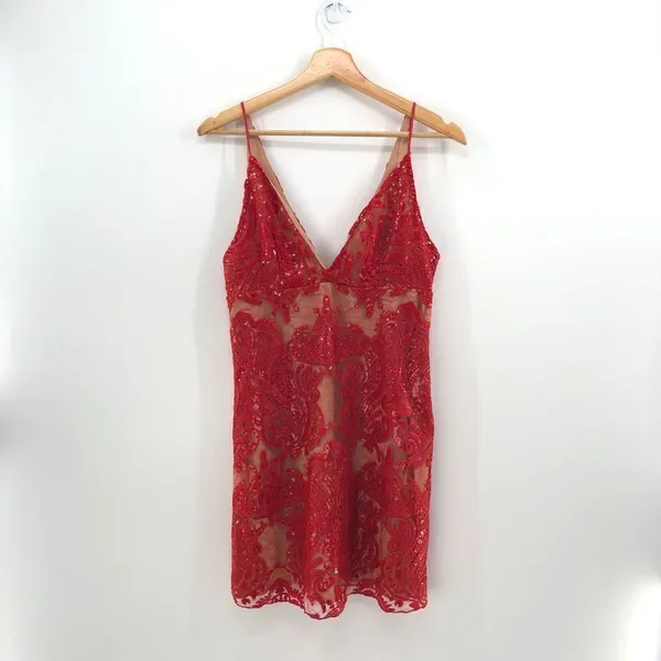 Free People Night Shimmers‎ Lace Sequined D Red - Image 2
