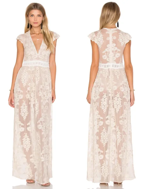For Love & Lemons Violetta Embroidered Mesh Lace Maxi Dress Nude Ivory White L - Image 2