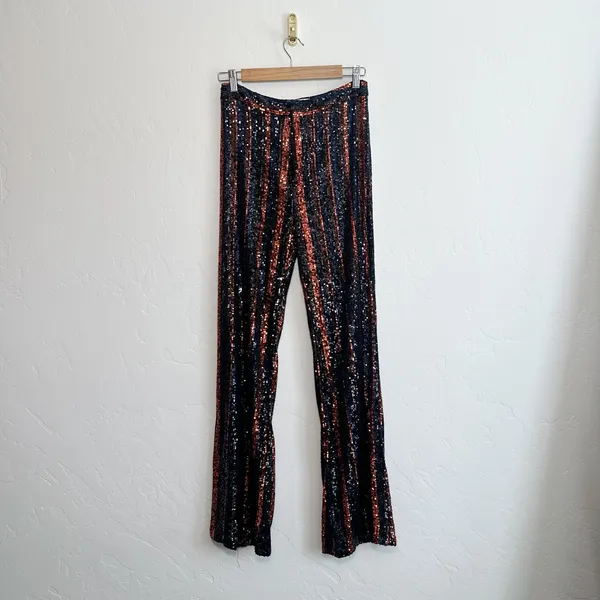 Zara | Sparkle Sequins Flare Wide Leg Pants Striped‎ Black Red - 3440/251/800 - Image 7