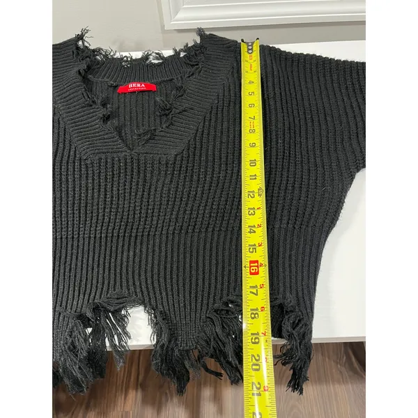 HERA COLLECTION Black Distressed V Neck Sweater Long Sleeve Raw Hem‎ Casual - Image 6