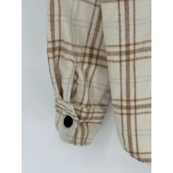 Plaid Shacket Women Medium Tan Oversized Flannel Button Up Shirt Neutral Cozy - Image 5