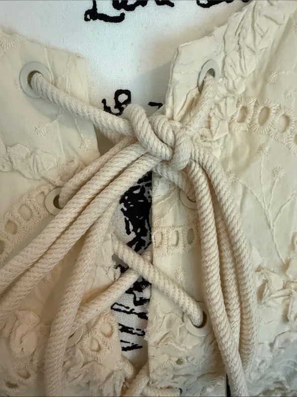 Arose Studio Cream Eyelet Lace Tie-Neck Puff Sleeve Dress - Image 11