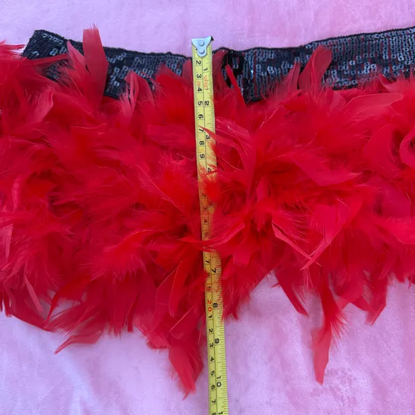 Red Hot Showgirl Feather Skirt Set – Y2K Burlesque Rave Bikini w/ Sequin Trim XS/S 💋✨ - Image 5