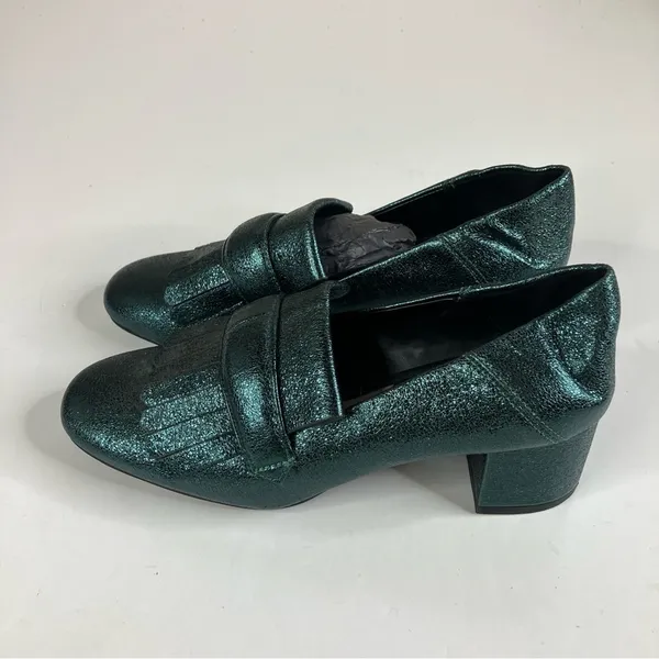 Mango MNG‎ Metallic Green Heeled Loafer Size 36 - Image 3