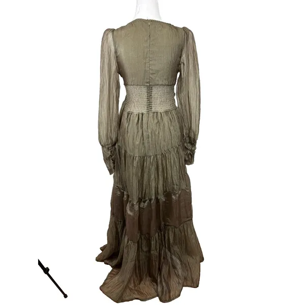 Sheer‎ Crinkle Tiered Maxi Dress Women's S Khaki Ethereal Romantic Coquette Chic - Image 6