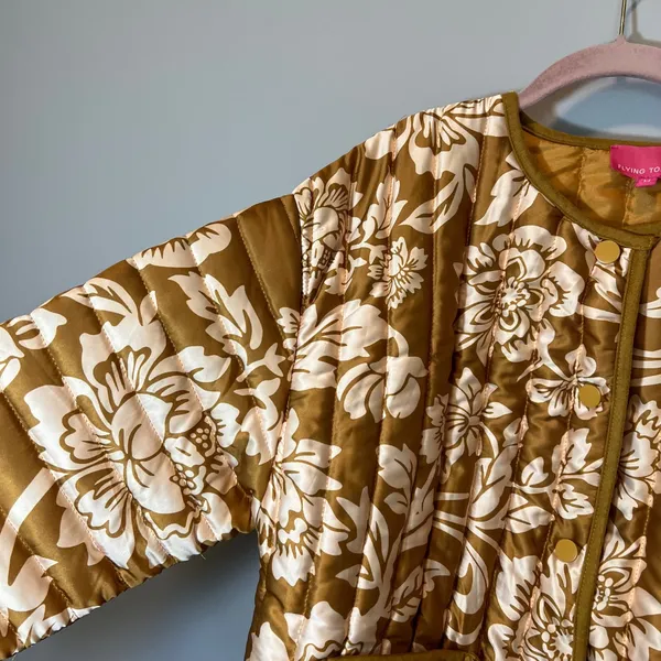 Flying Tomato Floral Quilted Puffer Jacket Mustard Gold Cream Boho Medium - Image 5