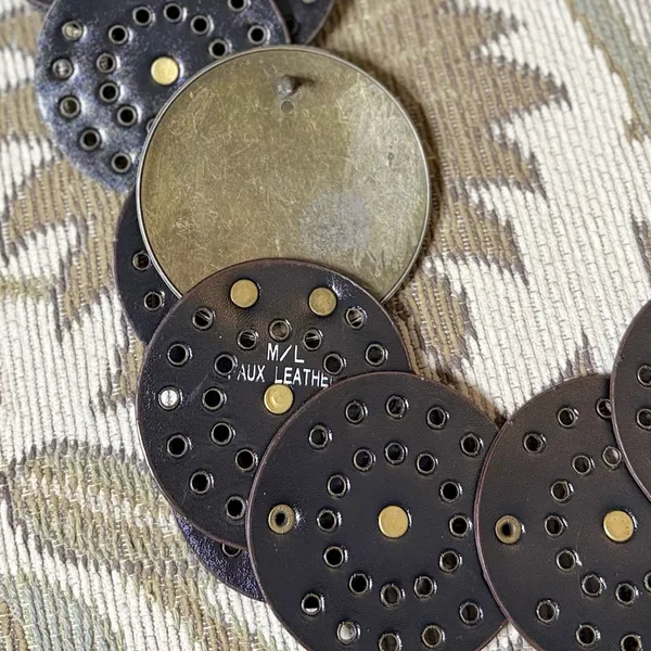 Brown Faux Leather Belt Western Disc with Antique Gold M/L Medium Large - Image 4