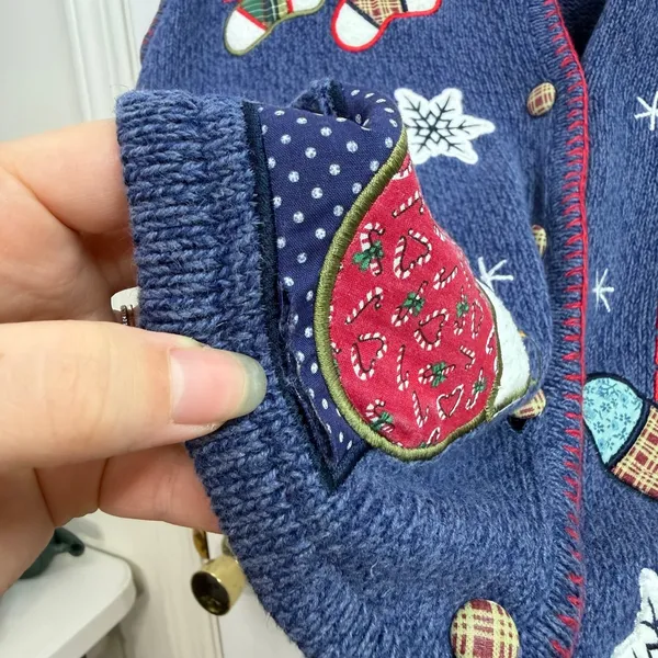 Vintage Crystal Kobe blue knit patchwork button down sweater vest Christmas M Size M - Image 7