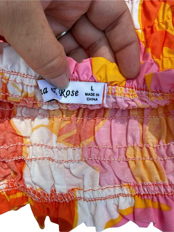 Ana & Rose Floral Smocked Midi Dress Puff Sleeve Tropical Boho Orange Pink L - Image 11