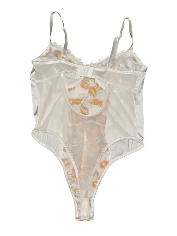 White Satin Floral Embroidered Mesh Snap Bodysuit Yellow Daisy Appliqué size M - Image 2