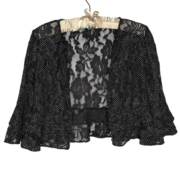 LRL Ralph Lauren Small Lace Overlay Cardigan Bell Sleeve Open Sheer Black Ruffle - Image 7