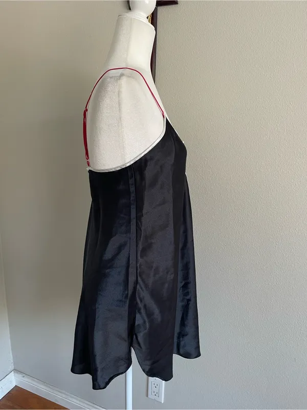 Vintage Victoria's Secret Black Satin Chemise with Pink Straps and White Trim - Image 3