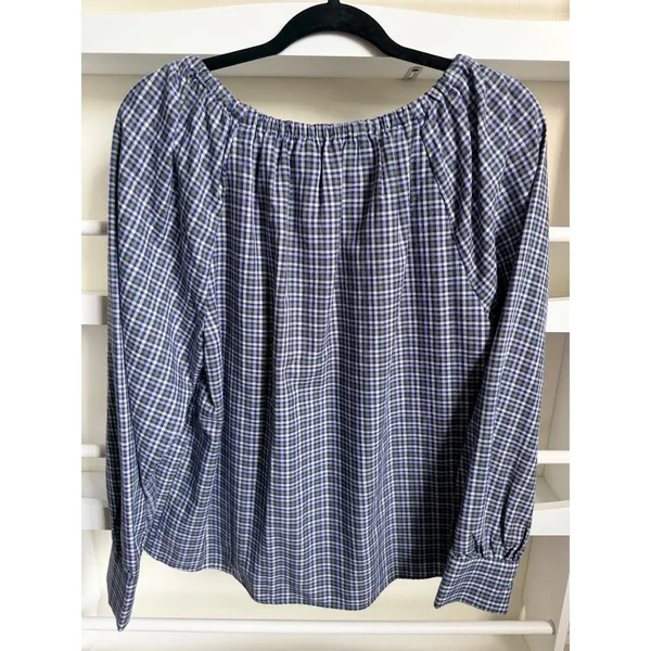 Loft Outlet Plaid Long Sleeve Blouse Purple Green Elastic Neck Top Medium - Image 2