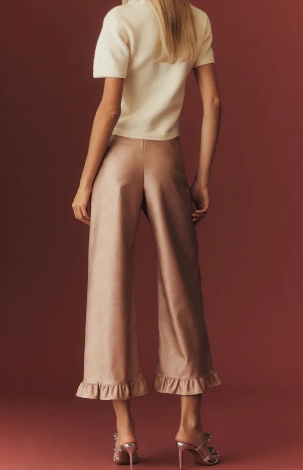 Anthropologie Maeve The Colette Metallic Ruffle-Hem Faux Leather Pants, Size 27 Tall - Image 5