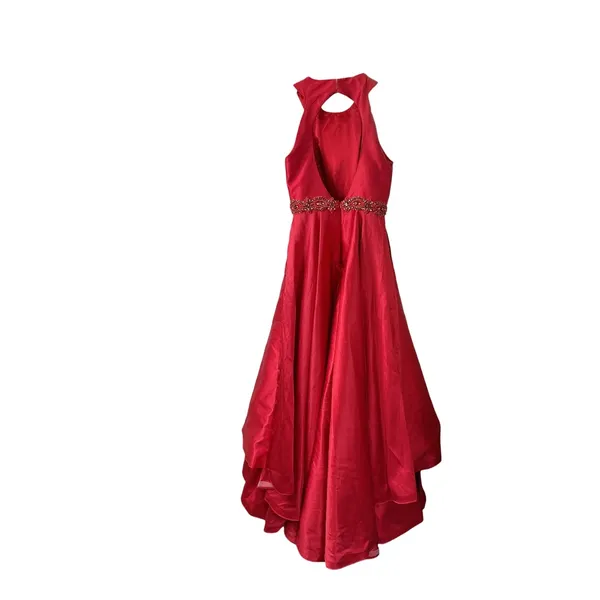 Mac Duggal Red Tiered‎ Ruffle Beaded Waist High Neck Ball Gown Dress Size 8 - Image 5