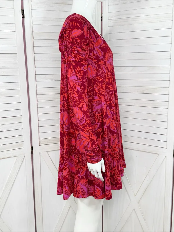 Free People Hello Lover Floral Ruched Puff Shoulder Tunic Mini Dress Red Small‎ - Image 4