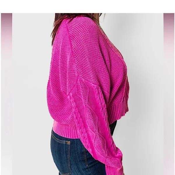 POL Medium Hot Pink Cable Knit V-Neck Sweater – Flamingo Vintage Washed Look - Image 4