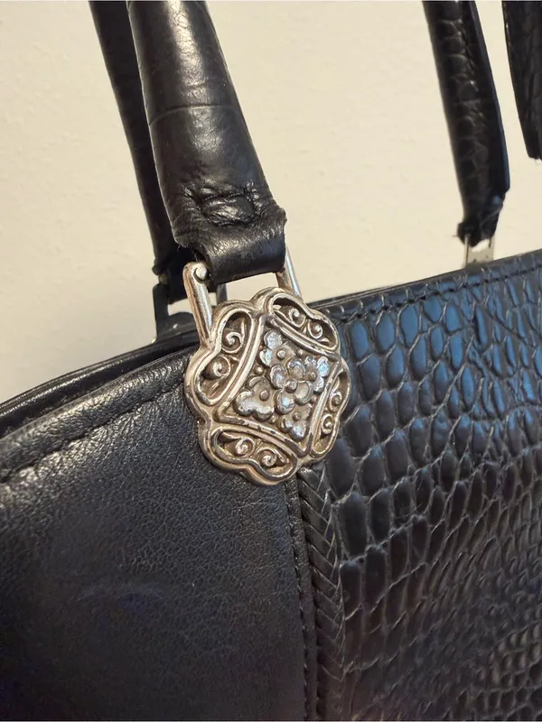 Vintage Brighton Chantilly Black Leather Croc Satchel Bag Filigree Heart - Image 4