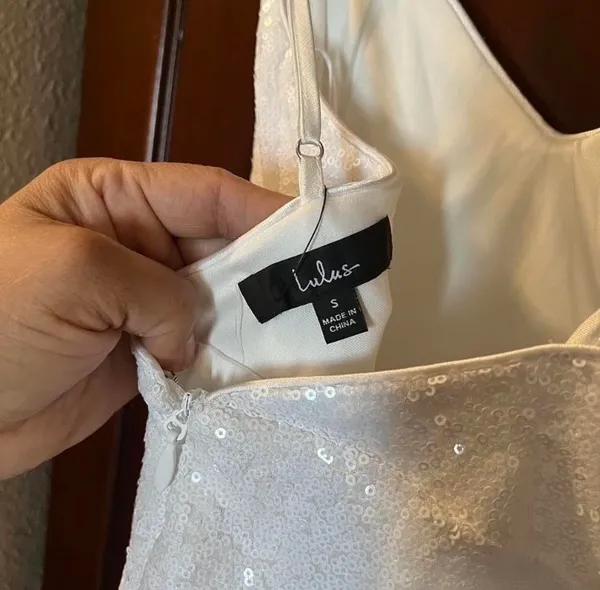 lulu’s white, sequin, sparkly slit dress with adjustable straps - Image 3
