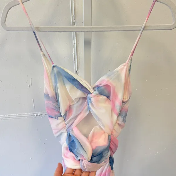 NWT Windsor Pink Blue Watercolor Ruched Mesh Bodycon Mini Dress Cutout Back Sm - Image 4