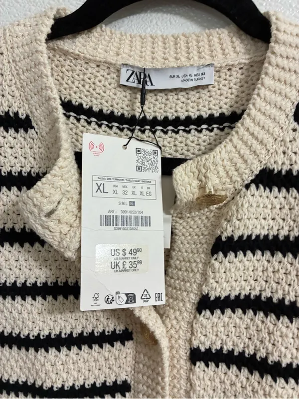 Zara Cream & Black Striped Crochet Cardigan NWT XL - Image 6