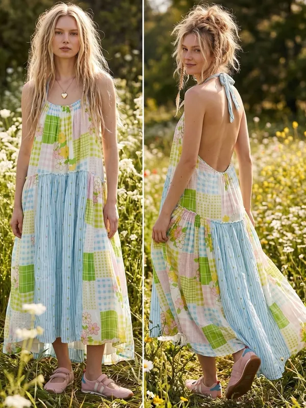 Free People Cottage Embroidered Patched And Pretty Halter Midi Maxi Dress Medium - Image 2