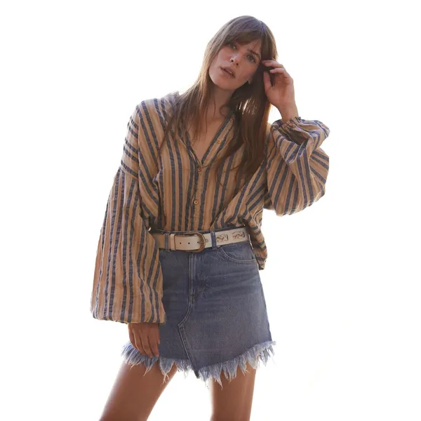 Free People We the Free Bailey Denim Mini Skirt Curved Frayed Hem Size 25 - Image 7