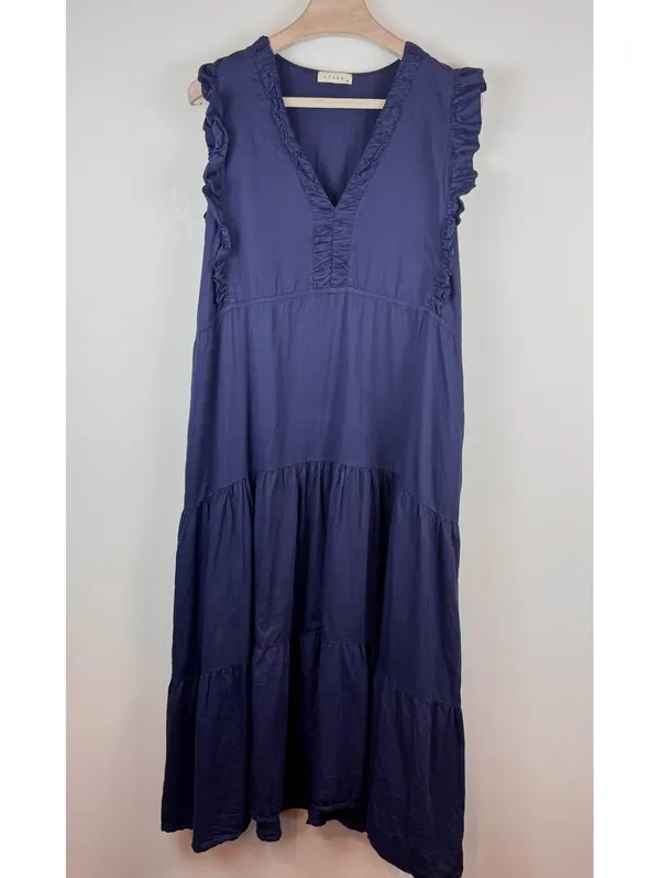 STARK X Navy Blue Cotton Ruffle Tiered Maxi Dress Size L Made in USA - Image 2