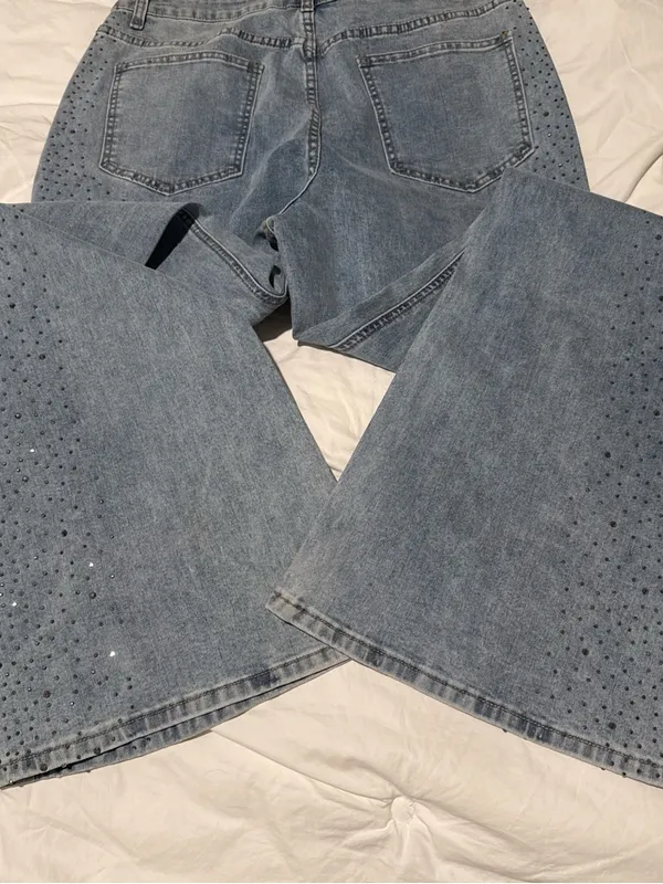 Women's Light Blue Flared Jeans with Rhinestone Detail - Image 3