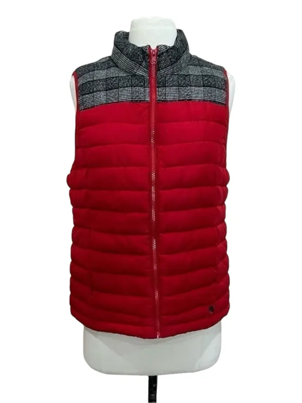 Ruff Hewn Red Quilted Puffer Vest with Black Plaid Fleece Trim Size Small - Image 2