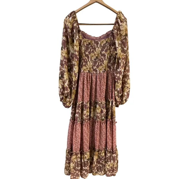 &merci Womens Mixed Floral Tiered Smocked Midi Dress Mauve‎ Rose Mustard Small - Image 2