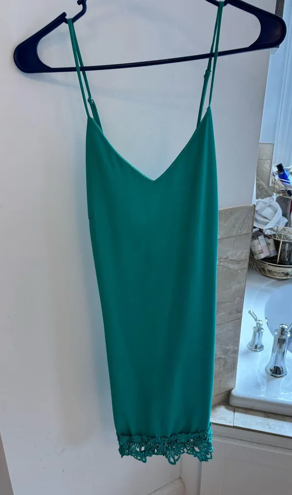 Boutique Teal Satin Slip Dress with Lace Hem - Image 2