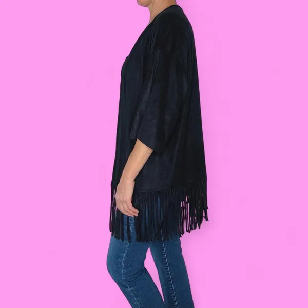 Express Faux Suede Bohemian Festival Fringe Open Cardigan - Image 4