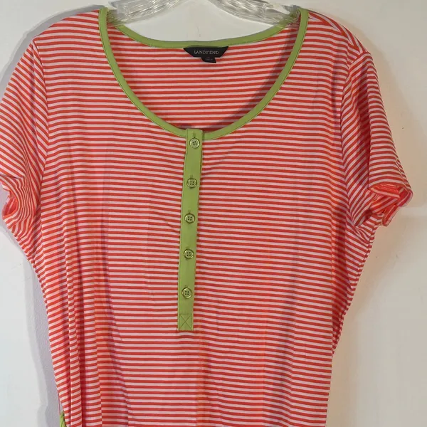 Lands End Orange White Striped Henley Dress XL 18 Short Sleeve‎ Green Belt - Image 3
